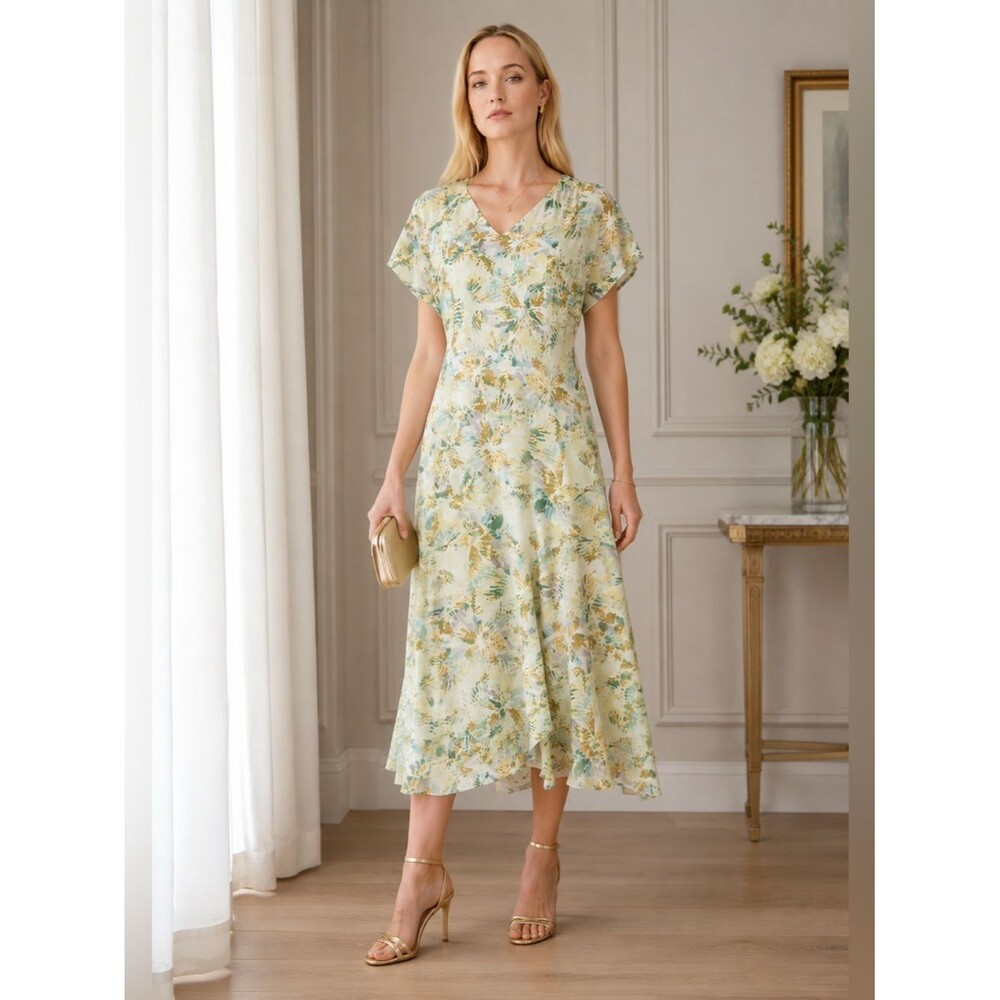 LUXELY NWT Abstract Floral Surplice Midi Dress | Flutter Sleeve V-Neck | Size S